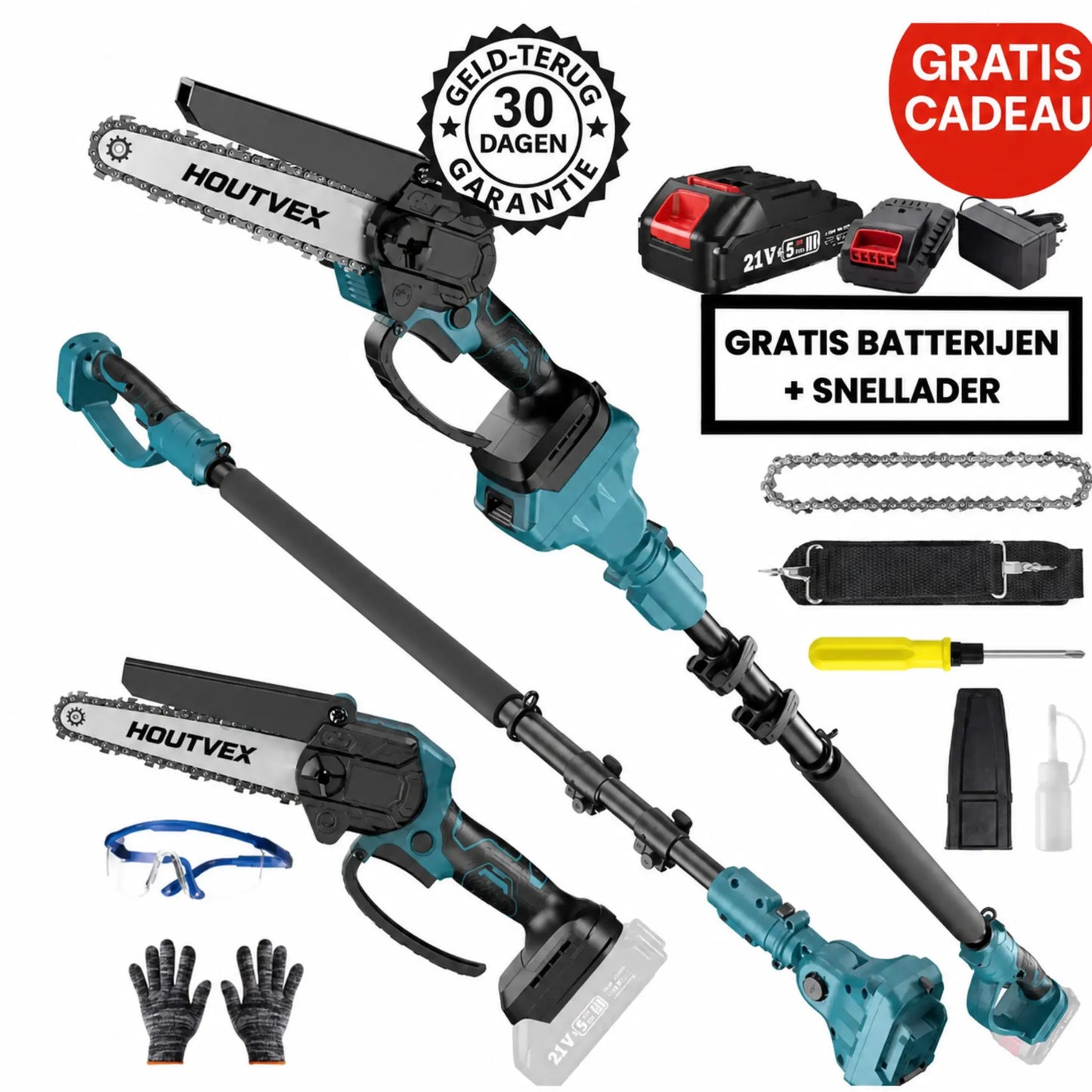 HOUTVEX F2 - 2-in-1 Draadloze Stokkettingzaag Pro + GRATIS BBATTERIJ & OPLADER