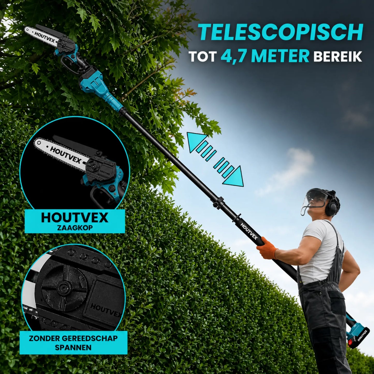 HOUTVEX F2 - 2-in-1 Draadloze Stokkettingzaag Pro + GRATIS BBATTERIJ & OPLADER