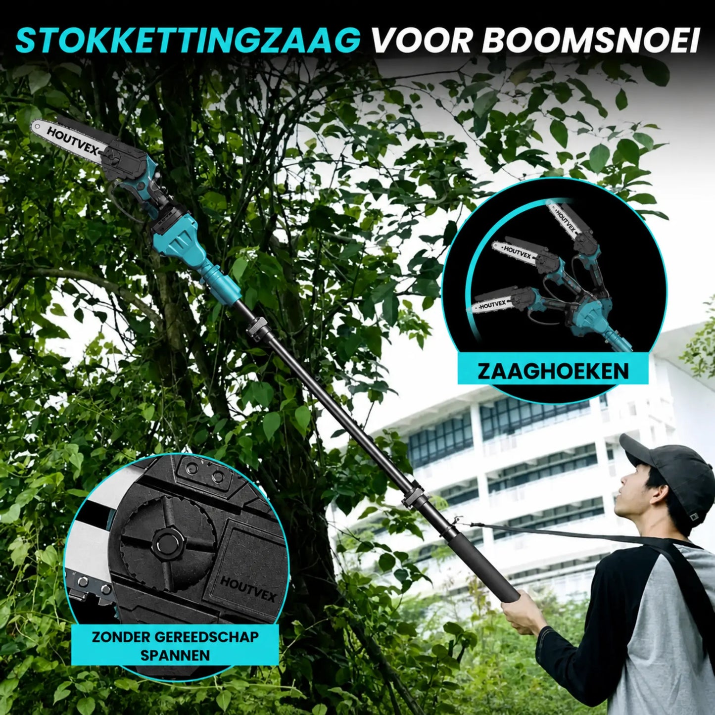 HOUTVEX F2 - 2-in-1 Draadloze Stokkettingzaag Pro + GRATIS BBATTERIJ & OPLADER