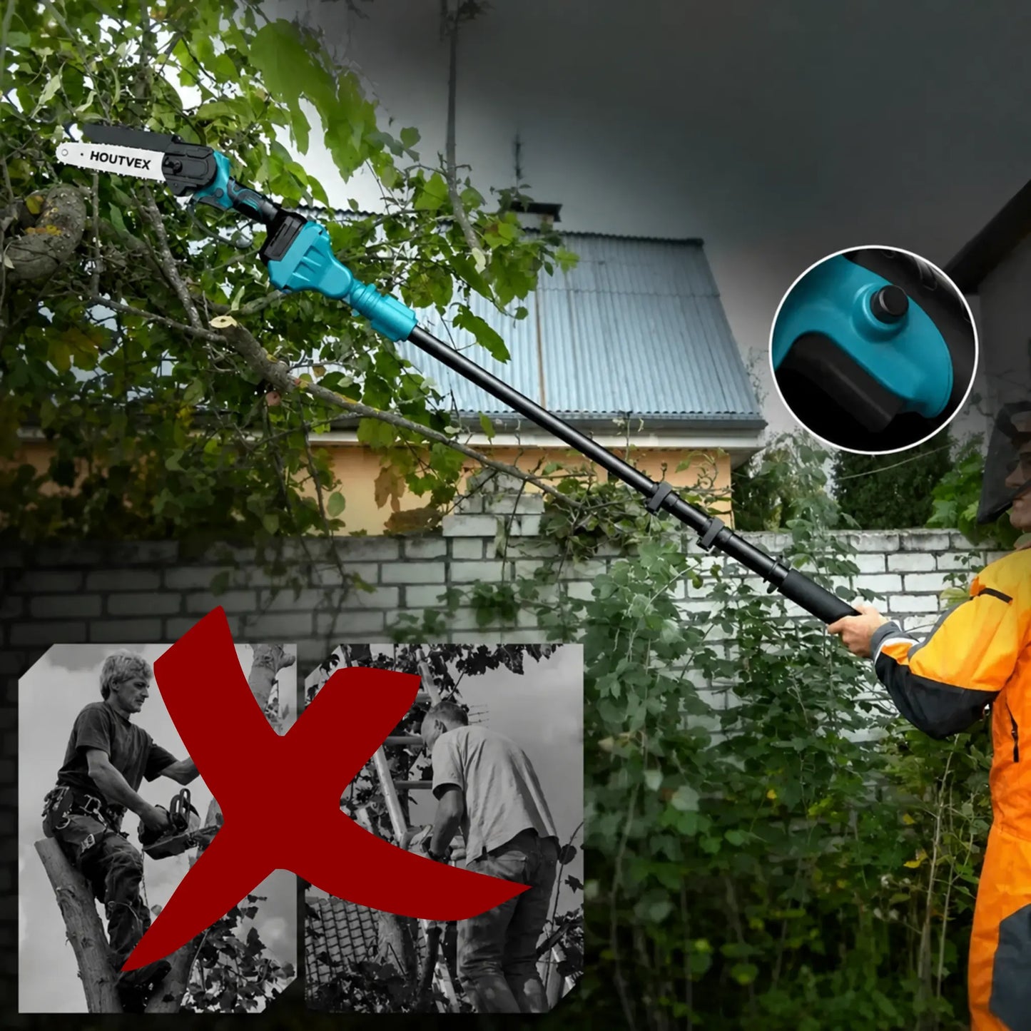 HOUTVEX F2 - 2-in-1 Draadloze Stokkettingzaag Pro + GRATIS BBATTERIJ & OPLADER